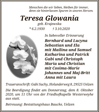 Traueranzeige von Teresa Glowania von UEL