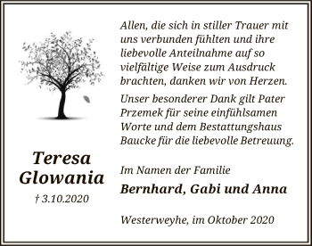 Traueranzeige von Teresa Glowania von UEL