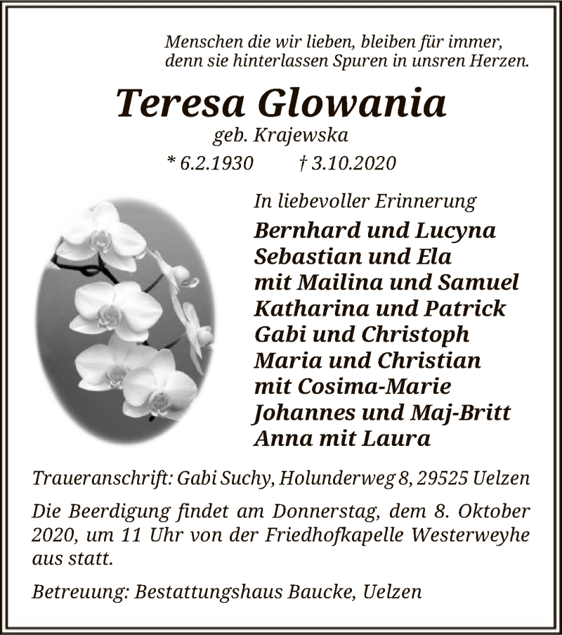  Traueranzeige für Teresa Glowania vom 07.10.2020 aus UEL