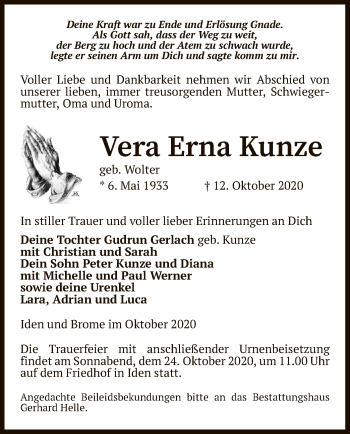 Traueranzeige von Vera Erna Kunze von UEL