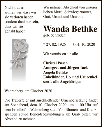 Traueranzeige von Wanda Bethke von UEL