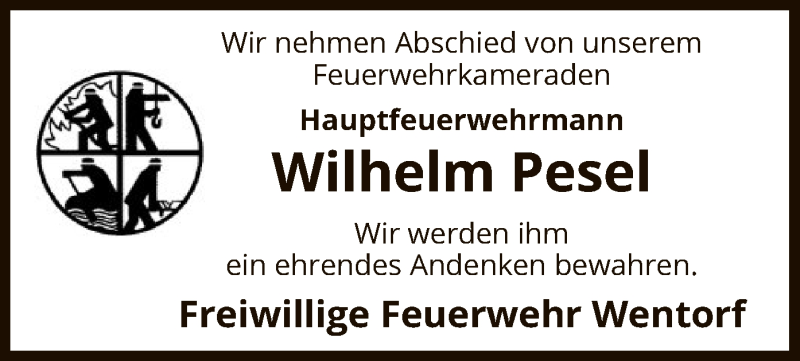  Traueranzeige für Wilhelm Pesel vom 27.10.2020 aus UEL