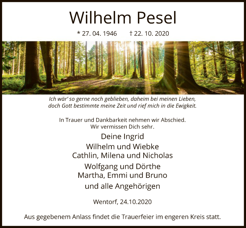  Traueranzeige für Wilhelm Pesel vom 24.10.2020 aus UEL