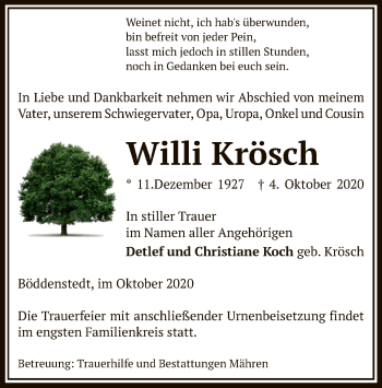 Traueranzeige von Willi Krösch von UEL