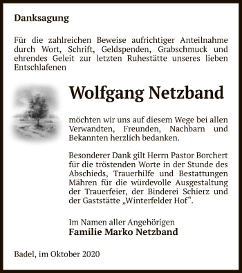 Traueranzeige von Wolfgang Netzband von UEL