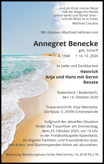 Traueranzeige von Annegret Benecke von Isenhagener Kreisblatt