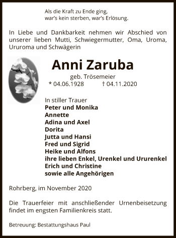 Traueranzeige von Anni Zaruba von UEL