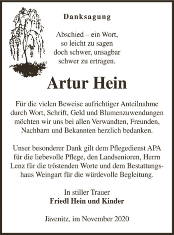 Traueranzeige von Artur Hein von UEL