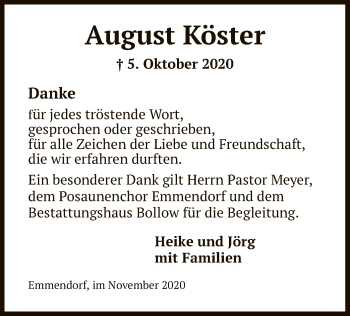 Traueranzeige von August Köster von UEL