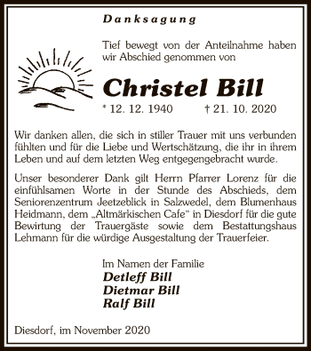 Traueranzeige von Christel Bill von UEL