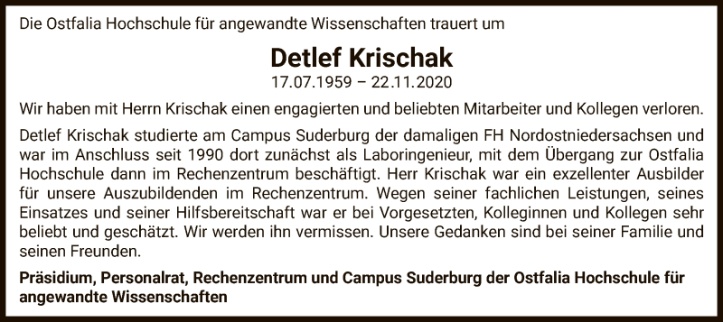  Traueranzeige für Detlef Krischak vom 28.11.2020 aus UEL