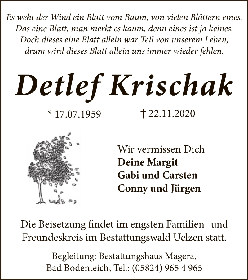  Traueranzeige für Detlef Krischak vom 28.11.2020 aus UEL