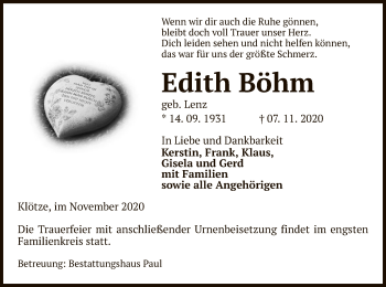 Traueranzeige von Edith Böhm von UEL