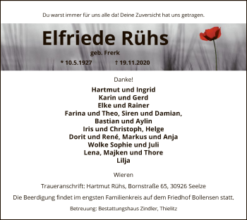 Traueranzeige von Elfriede Rühs von UEL