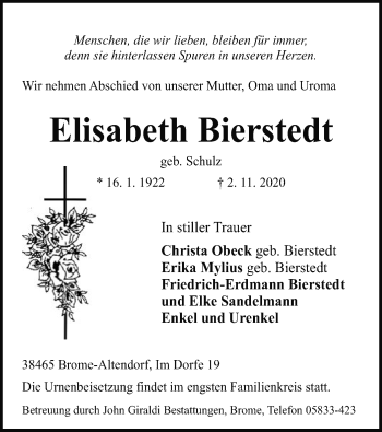 Traueranzeige von Elisabeth Bierstedt von UEL