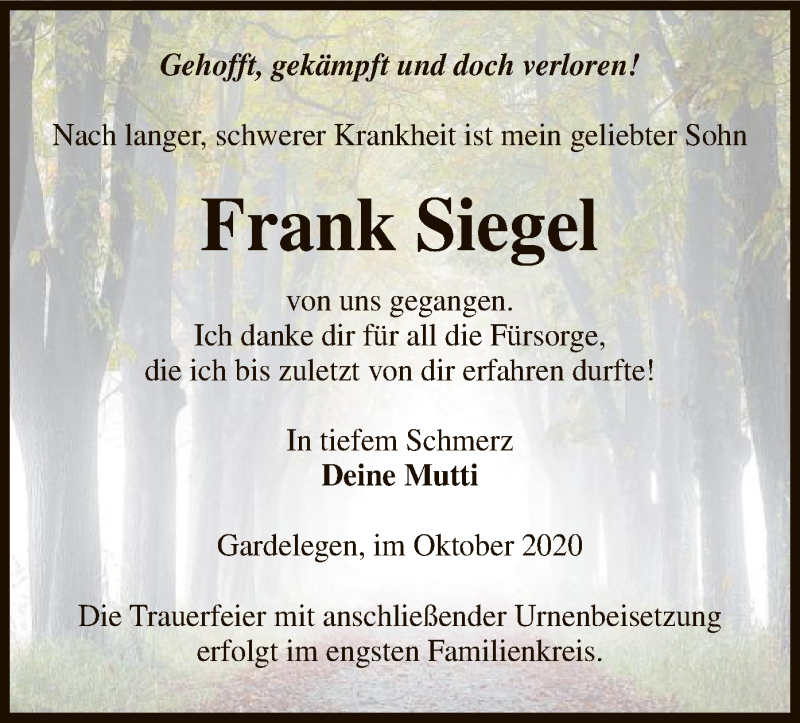  Traueranzeige für Frank Siegel vom 11.11.2020 aus UEL