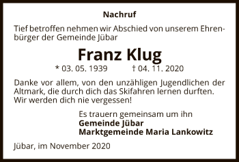 Traueranzeige von Franz Klug von UEL