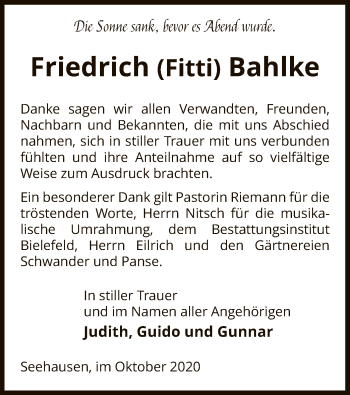 Traueranzeige von Friedrich Bahlke von UEL