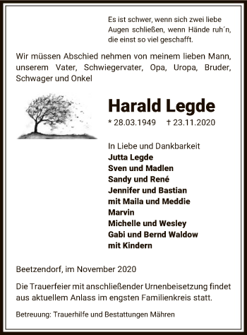 Traueranzeige von Harald Legde von UEL