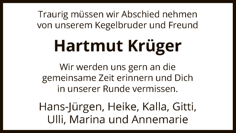  Traueranzeige für Hartmut Krüger vom 21.11.2020 aus UEL
