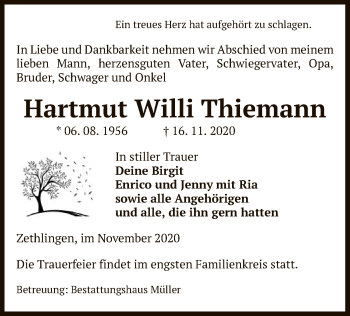 Traueranzeige von Hartmut Willi Thiemann von UEL