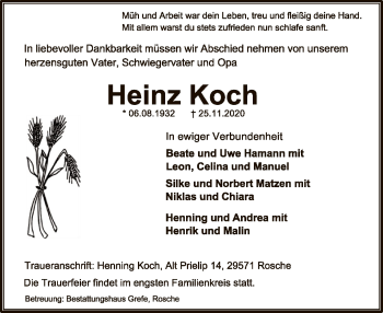 Traueranzeige von Heinz Koch von UEL