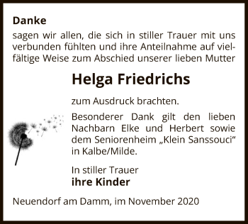 Traueranzeige von Helga Friedrichs von UEL