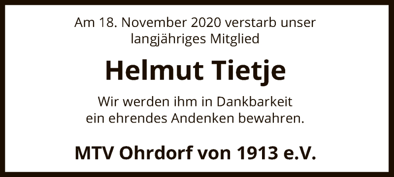  Traueranzeige für Helmut Tietje vom 24.11.2020 aus UEL