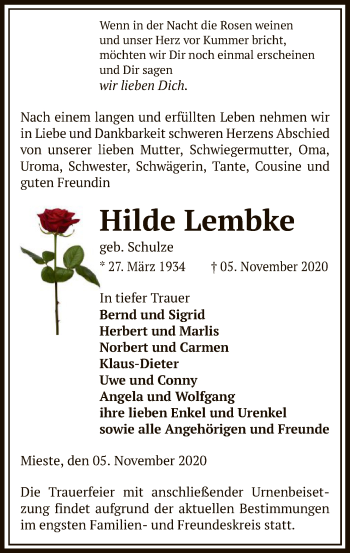 Traueranzeige von Hilde Lembke von UEL