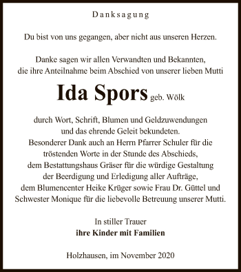 Traueranzeige von Ida Spors von UEL