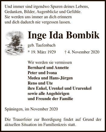 Traueranzeige von Inge Ida Bombik von UEL