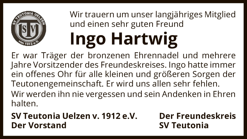  Traueranzeige für Ingo Hartwig vom 07.11.2020 aus UEL