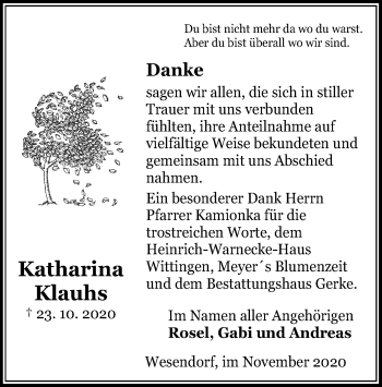 Traueranzeige von Katharina Klauhs von UEL