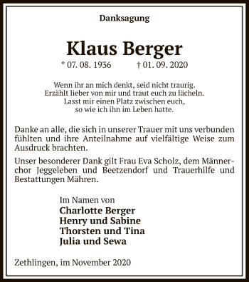 Traueranzeige von Klaus Berger von UEL