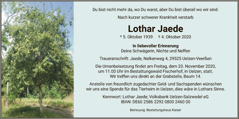  Traueranzeige für Lothar Jaede vom 14.11.2020 aus UEL