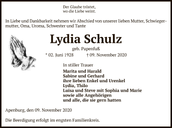 Traueranzeige von Lydia Schulz von UEL