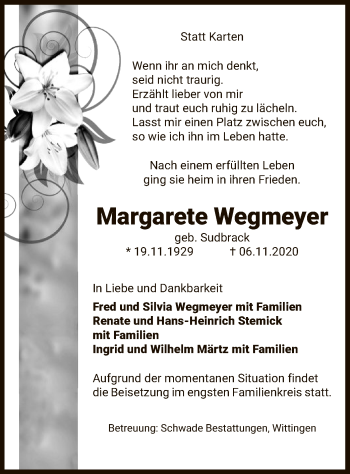 Traueranzeige von Margarete Wegmeyer von UEL