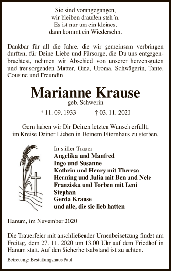 Traueranzeige von Marianne Krause von UEL