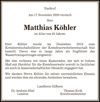 Traueranzeige von Matthias Köhler von UEL