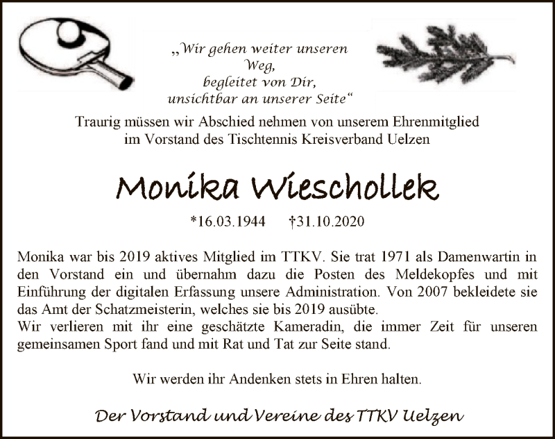  Traueranzeige für Monika Wieschollek vom 07.11.2020 aus UEL