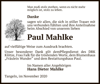 Traueranzeige von Paul Mahlke von UEL