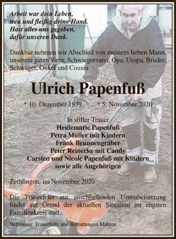 Traueranzeige von Ulrich Papenfuß von UEL