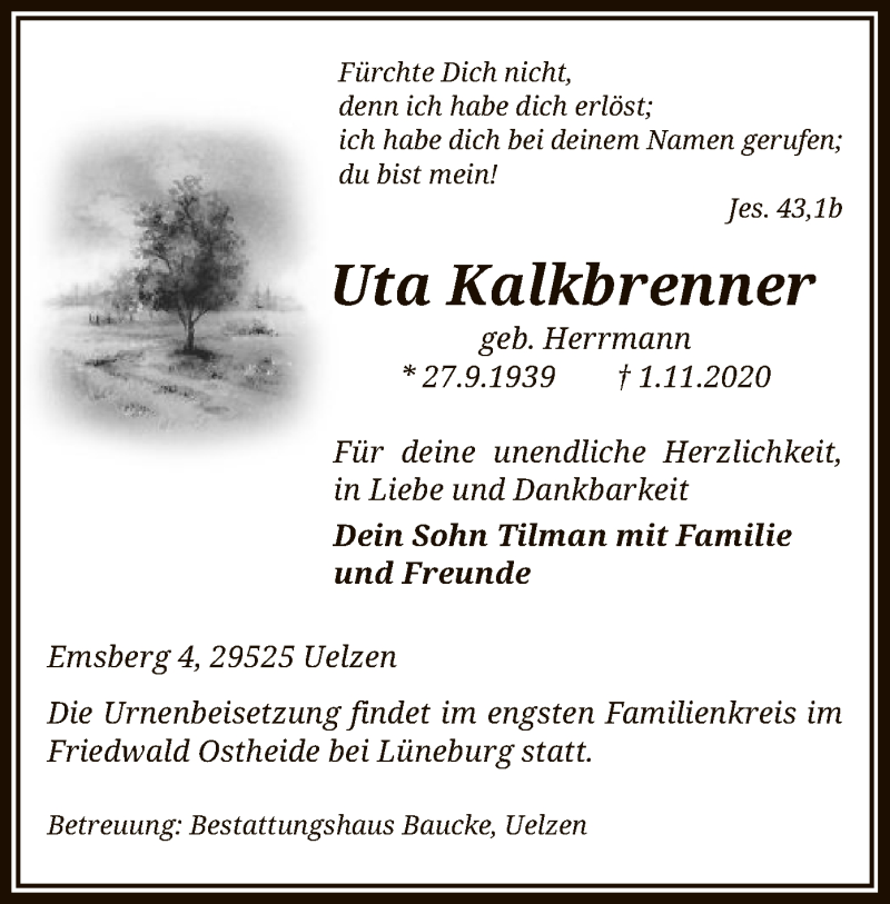  Traueranzeige für Uta Kalkbrenner vom 21.11.2020 aus UEL
