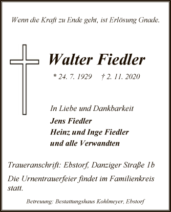 Traueranzeige von Walter Fiedler von UEL