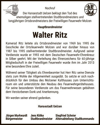 Traueranzeige von Walter Ritz von UEL