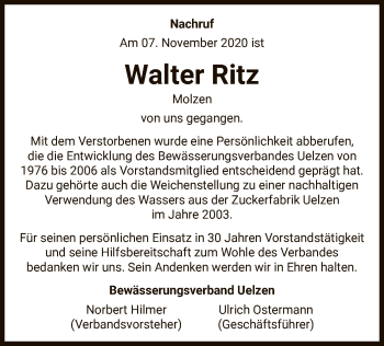 Traueranzeige von Walter Ritz von UEL