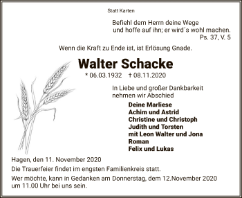 Traueranzeige von Walter Schacke von UEL