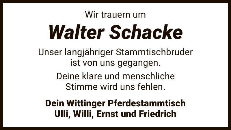  Traueranzeige für Walter Schacke vom 12.11.2020 aus UEL