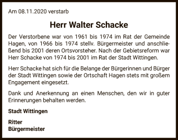 Traueranzeige von Walter Schacke von UEL