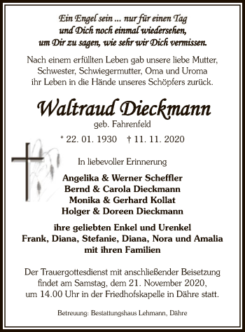 Traueranzeige von Waltraud Dieckmann von UEL